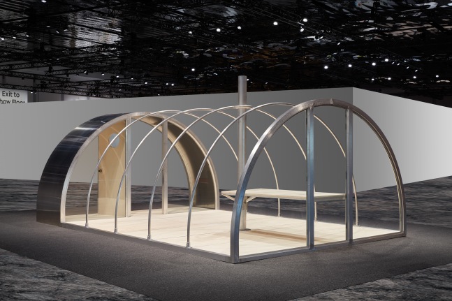 Installation view, Oscar Tuazon, Quonset Tent, Meridians, Art Basel Miami Beach, 2019