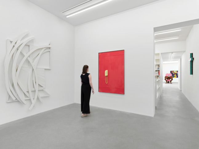 Installation view of group painting, print, and sculpture exhibition