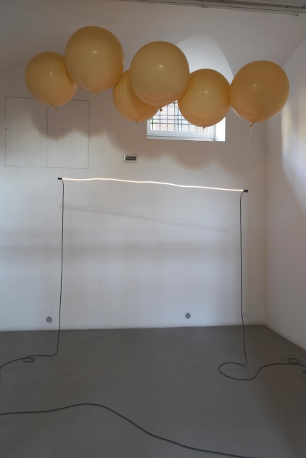 Installation view of sculptures and paintings by Sam Falls