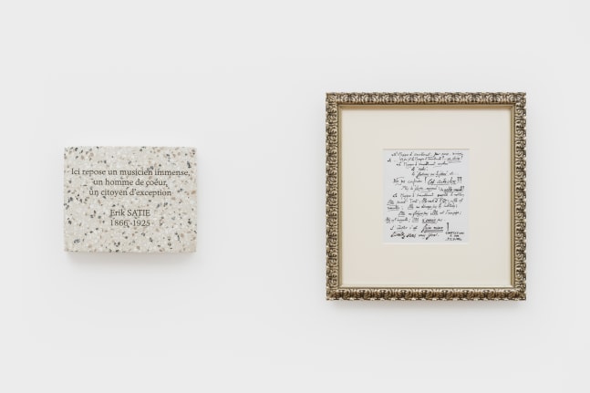 Ficus Interfaith
&amp;Eacute;pitaphe D&amp;#39;Erik Satie &amp;amp; Facsimile of Erik Satie&amp;#39;s Original Furniture Music Manuscript, 2025
cementitious terrazzo, watercolor on paper
framed fascimile: 19 1/2 x 18 1/2 ins. (49.5 x 47 cm)