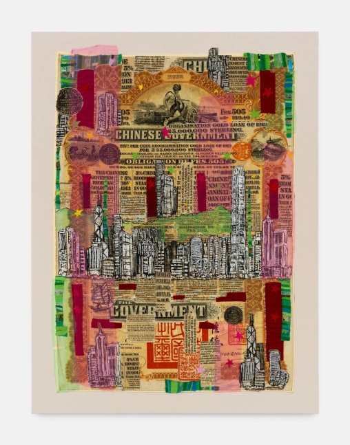 Hew Locke
Raw Materials 8, 2022
Custom printed 245gms organic cotton warp satin, with appliqued fabrics and cord, and PVA-based Fray-stop on raw edges, velvet, synthetic netting, aluminium beads
169 x 127 cm
66 1/2 x 50 in