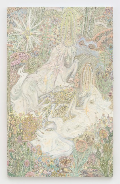 Allison Schulnik
Two Resting Unicorns, 2022
oil on canvas stretched over panel
96 x 60 ins.
243.8 x 152.4 cm