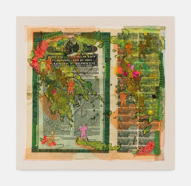 Hew Locke
Raw Materials 13, 2023
Custom printed 245gms organic cotton warp satin with appliqued fabrics and cord, PVA-based Fray-stop on raw edges, plywood, gauze, tulle, net, lace, plastic, acrylic paint, enamel paint, alloy metal chain and filigree&amp;nbsp;
167 x 172 cm
66 x 67 1/2 in