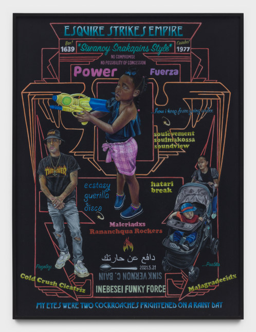 Shellyne Rodriguez
BX Third World Liberation Mixtape No. 2 (Esquire Strikes Empire), 2021
colored pencil on paper
61 x 46 ins.
154.9 x 116.8 cm