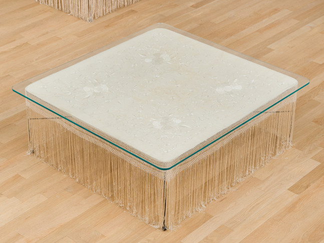 Ficus Interfaith
Chez un &amp;quot;bistrot&amp;quot; (At a &amp;quot;Bistrot&amp;quot;) 1920, 2025
steel, silk, tempered glass
18 1/2 x 53 3/4 x 51 1/4 ins.
47 x 136.5 x 130.2 cm