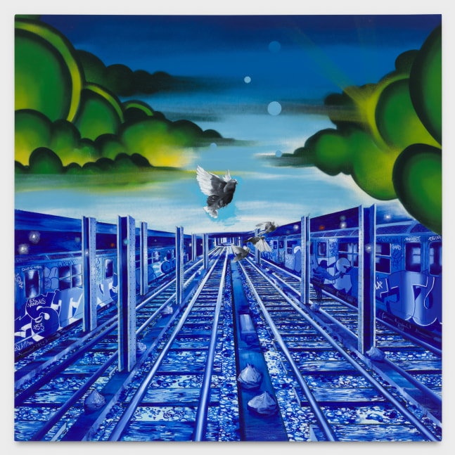 Christopher &amp;quot;Daze&amp;quot; Ellis
Pigeons in the Tunnel, 2019
oil, acrylic, spray paint on canvas
53 x 53 ins.
134.6 x 134.6 cm