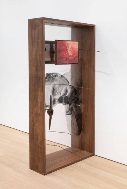 Alex Ito
Western Verbiage II, 2021
UV inkjet print on aluminum, UV inkjet reproduction of &amp;quot;American Progress&amp;quot; by John Gast, inkjet photographs, 1873 Winchester rifle lever, Joseph Glidden barbed wire, pick axe head, resin, foam, oxidized iron, walnut wood
74 x 38 x 24 ins.
188 x 96.5 x 61 cm