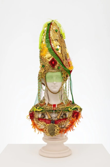 Hew Locke
Souvenir 12 (Princess Alexandra), 2023
Mixed media on antique Parian Ware, copper wire, acrylic paint, synthetic fabric, brass, iron, plastic, metal alloys, enamel, glass, stone
51 x 21 x 16 cm
20 x 8 1/2 x 6 1/2 in