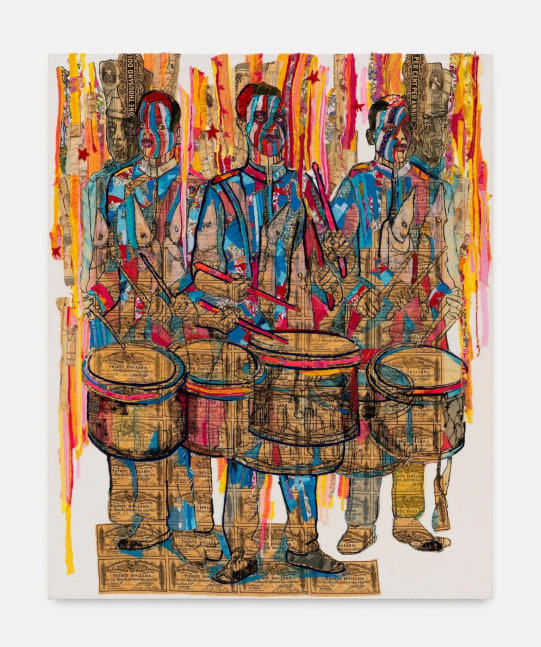 Hew Locke
Raw Materials 16, 2023
Custom printed 245gms organic cotton warp satin with appliqued fabrics and cord, PVA-based Fray-stop on raw edges, calico, cotton lawn, lace, gauze, plastic beads, sequins, nylon, pu coated polyester
179.5 x 147.5 cm
70 1/2 x 58 in