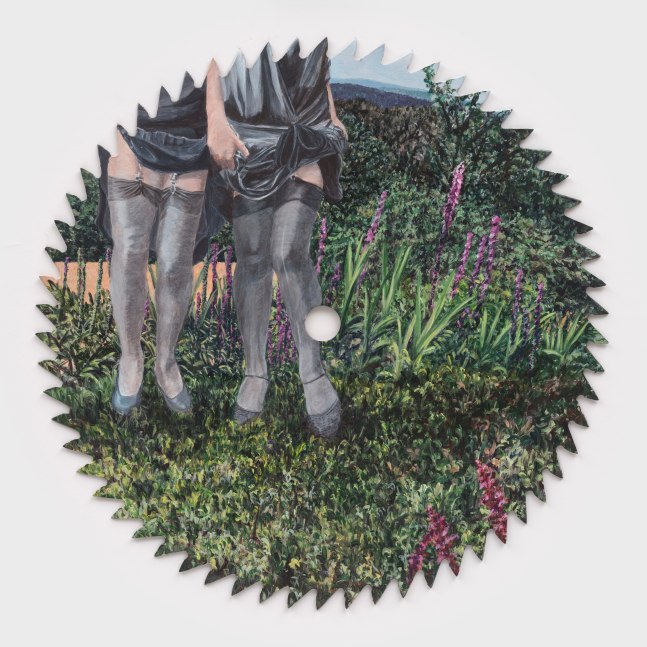 Betty Tompkins
The Girly Show, 2000
signed &amp;amp; dated verso
acrylic on circular saw
22 ins. diameter
55.9 cm
(TOMPKINS-2050)