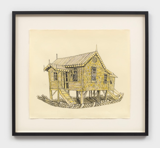 Hew Locke
Guyana House Boat 3, 2018
watercolor on paper
Sheet: 22 5/8 x 25 3/8 ins.
57.5 x 64.5 cm
Framed: 31 5/8 x 34 3/8 ins.
80.3 x 87.3 cm
