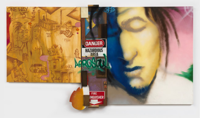 Christopher &amp;quot;Daze&amp;quot; Ellis
Reflections in a Golden Eye, 1992
oil, spray paint, mixed media on canvas and wood
58 x 105 ins.
147.3 x 266.7 cm
