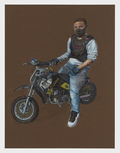 Shellyne Rodriguez
Bike Boys on Pugsley, Scrapes and Cuts, 2020
colored pencil on paper
19 x 25 ins.
48 x 63 cm