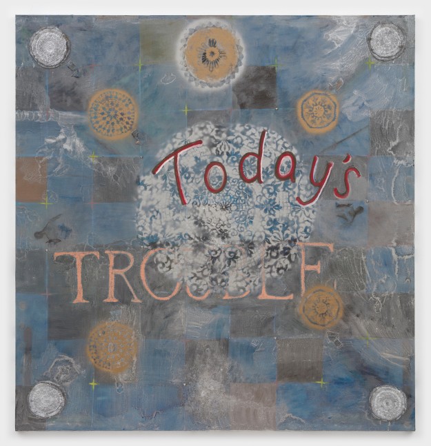 mosie romney
Today&amp;#39;s Trouble, 2023
oil, spray paint, metal studs, and quilt pieces on canvas
72 x 69 ins.
182.9 x 175.3 cm