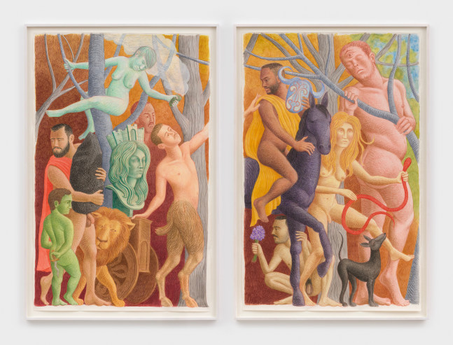 Elijah Burgher
Cybele Exits Rome (after Mantegna), 2021
colored pencil and watercolor on paper
two sheets, each: 44 7/8 x 70 5/8 ins.
114 x 179.5 cm