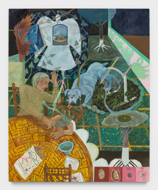 Astrid Terrazas
Wishing we could&amp;rsquo;ve packed our Doorframe, 2022
oil on canvas, silver and enamel charm
74 x 60 ins.
188 x 152.4 cm