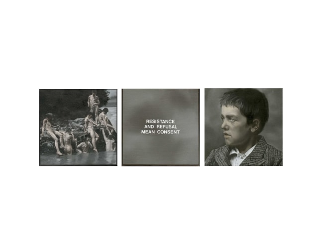 Dotty Attie
Resistance and Refusal Mean Consent/boys, 2000
oil on linen
3 panels: 6 x 6 ins. (15.2 x 15.2 cm)
overall: 6 x 20 ins. (15.2 x 50.8 cm)