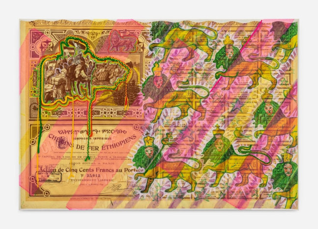 Hew Locke
Raw Materials 10, 2023
Custom printed 245gms Organic cotton warp satin with appliqued fabrics and cord, PVA-based Fray-stop on raw edges, organza, polylace, diamante, polyester ribbon and thread, plated metal, copper wire
143.5 x 210 cm
56 1/2 x 82 1/2 in