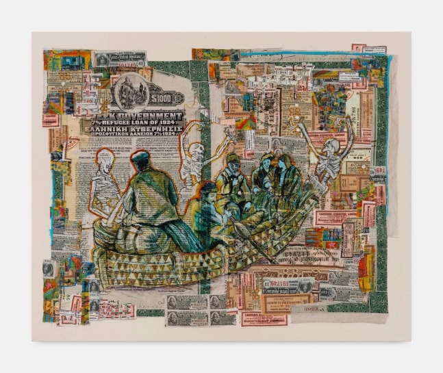 Hew Locke
Raw Materials 31, 2024
Custom printed 245gms organic cotton warp satin with appliqued fabrics and cord, PVA-based Fray-stop on raw edges, cotton lawn, tuille, acrylic paint, cotton and polyester threads
142 x 174.5 cm
56 x 68 1/2 in