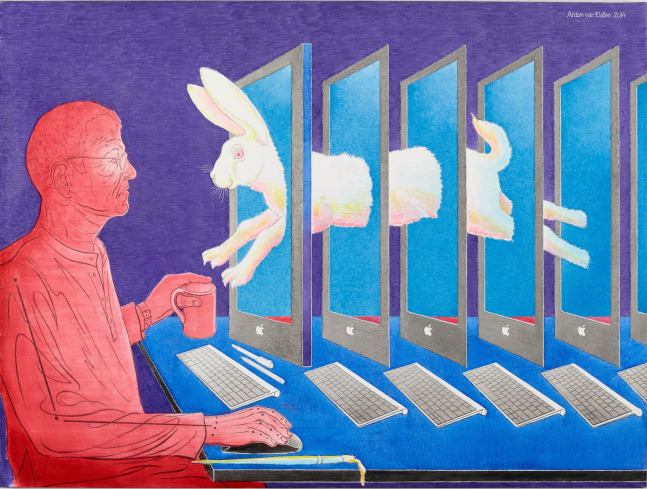 Anton van Dalen, Self-Portrait with Rabbit Jumping through the Computer, 2014