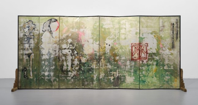 Owen Fu
Motion Between Things, 2025
mixed media on antique screen panel
67 1/2 x 150 x 5/8 ins.
171.5 x 381 x 1.5 cm