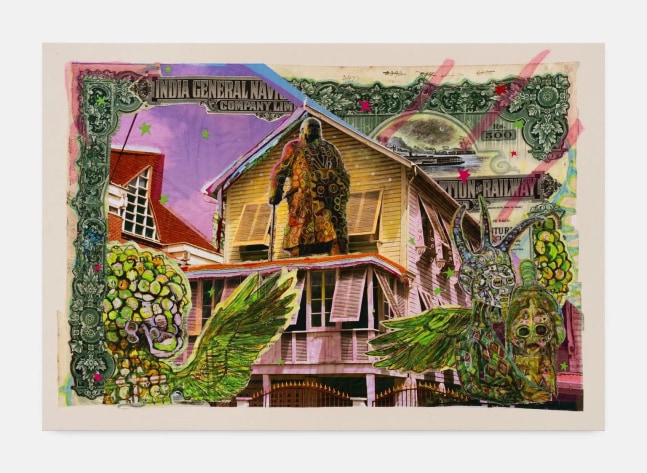 Hew Locke
Raw Materials 22, 2023
Custom printed 245gms organic cotton warp satin with appliqued fabrics and cord, PVA-based Fray-stop on raw edges, felt, acrylic paint, synthetic rope, fabric medium, polyester lace, gauze
165 x 239 cm
65 x 94 in