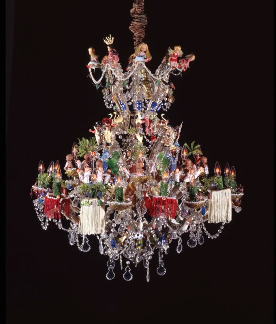 Pep&amp;oacute;n Osorio
El Chandelier, 1988
functional metal and glass chandelier with plastic toys and figurines, glass crystals, and other objects
60 7&amp;frasl;8 x 42 ins. diam.
154.6 x 106.7 cm diam.