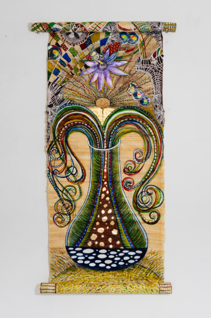 Faith Wilding
Passionflower, 2019
watercolor, gold leaf, ink, collage on papyrus
54 x 27 ins.
137.2 x 68.6 cm