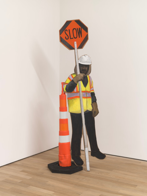 Jay Lynn Gomez
Man Holding Slow Sign, 2024
acrylic, cardboard, found traffic cone
85 x 31 x 21 ins.
215.9 x 78.7 x 53.3 cm
(GOMEZ-230)