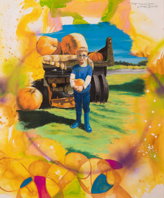 Christopher &amp;quot;Daze&amp;quot; Ellis
Indigo Pumpkin Picking, 2022
pastel acrylic and spray paint on arches paper
44 7/8 x 35 7/8 ins.
114 x 91 cm