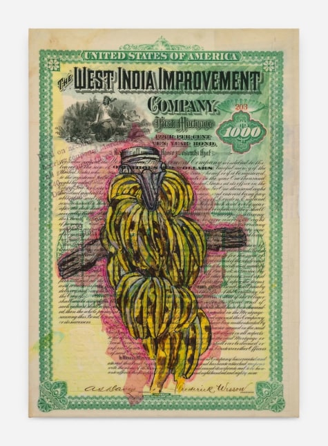 Hew Locke
Raw Materials 7, 2022
Custom printed 245gms organic cotton warp satin with appliqued fabrics and cord, PVA-based Fray-stop on raw edges, plastic sequins, acrylic ink, polyester mesh
148.5 x 102 cm
58 1/2 x 40 in