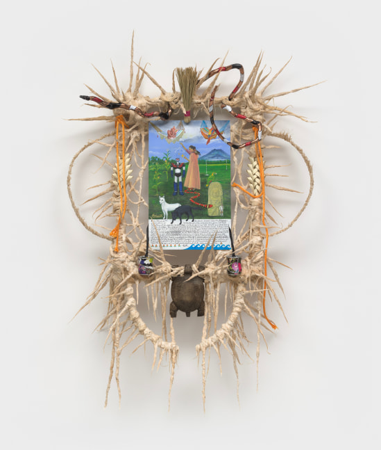 Guadalupe Maravilla
January 1984 Retablo (twin), 2023
oil on tin, cotton and glue mixture on wood, and objects collected from a ritual of retracing the artist&amp;#39;s original migration route
96 x 64 x 22 1/2 ins.
243.8 x 162.6 x 57.1 cm