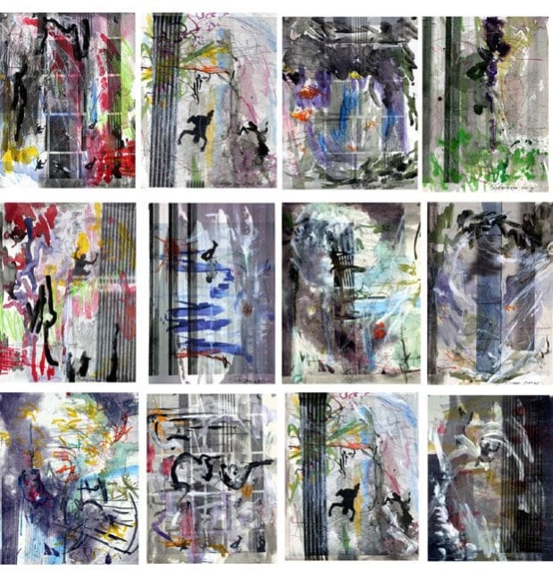 Carolee Schneemann

Dark Pond, 2001-2005

12 unique watercolor &amp;amp; crayon with digital print layer

framed: 19 x 15 ins. (48.3 x 38.1 cm)

overall: 59 1/4 x 63 ins. (150.5 x 160.2 cm)