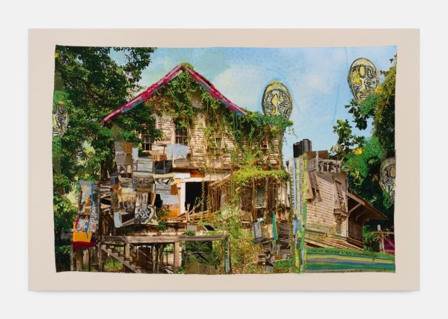 Hew Locke
Raw Materials 20, 2023
Custom printed 245gms organic cotton warp satin with appliqued fabrics and cord, PVA-based Fray-stop on raw edges, acrylic paint, metal, polyester and cotton threads, cotton lawn, plywood, gesso, primer, acetate/nylon blend fabric
257.5 x 172 cm
101 1/2 x 67 1/2 in