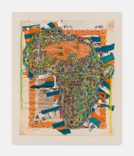 Hew Locke
Raw materials 5, 2022
245gms Organic cotton warp satin, with appliqued fabrics and cord, and PVA-based Fray-stop on raw edges, plus plastic, anodized aluminium, brass, enamel paint, lurex
55 1/2 x 45 1/2 in
141.5 x 115.5 cm