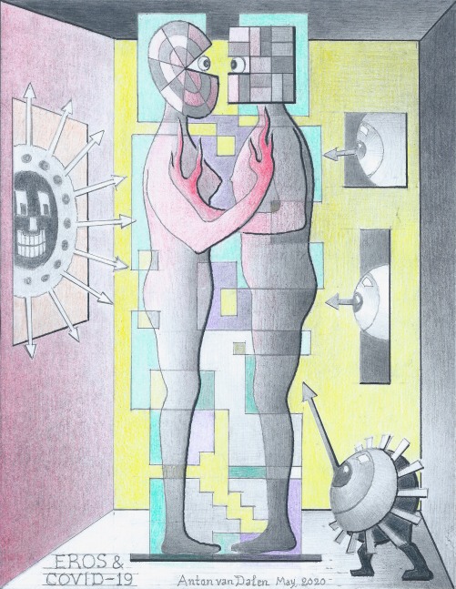 Anton van Dalen
Eros &amp;amp; Covid-19, 2020
Prismacolor pencil, graphite pencil and india ink on Strathmore paper
11 x 8 1/2 ins.
27.9 x 21.6 cm
