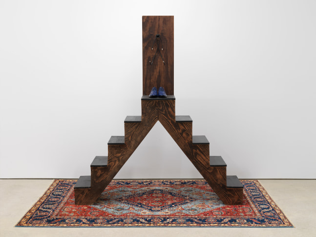 Daniel T. Gaitor-Lomack
Magic Man (Bootleg Cable), 2020-21
mini felt Fedora, bootleg cables, patina coat Hook, blue shiny shoes on stained wooden staircase
82 1/2 x 73 x 20 ins.
209.6 x 185.4 x 50.8 cm