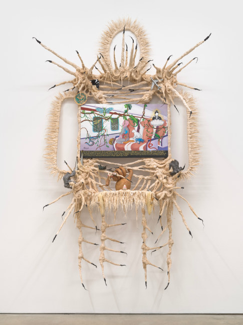 Guadalupe Maravilla
Bless You Magic Flying Woman Retablo, 2022
oil on tin, dried gourd, cotton and glue mixture on wood
105 x 63 x 24 ins.
266.7 x 160 x 61 cm