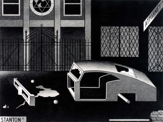 Anton van Dalen
Night Synagogue and Stripped Car, 1976
graphite on paper
30 x 40 ins.
76.2 x 101.6 cm