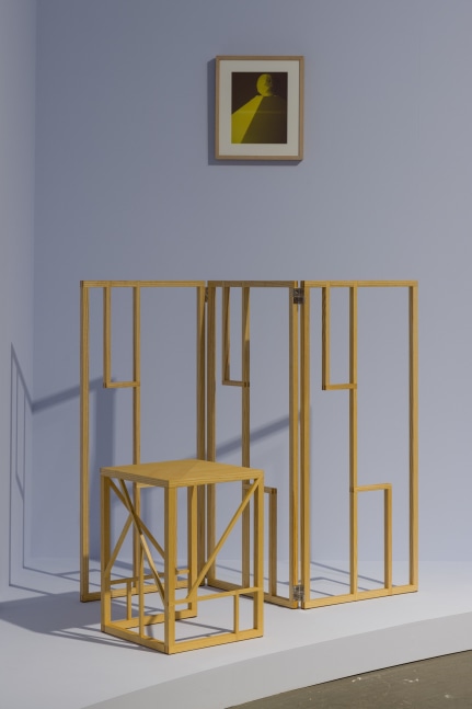 Paul P., Prisms (tabouret and paravent), 2016. Courtesy the artist; Maureen Paley, London; Greene Naftali, New York; Cooper Cole, Toronto; and Massimo Minini, Brescia &amp;copy; the artist (front) and Jimmy DeSana, Softball, 1985-86. Courtesy Jimmy DeSana Trust; P&amp;middot;P&amp;middot;O&amp;middot;W, New York; Meyer Riegger, Berlin/Karlsruhe/Basel; and Amanda Wilkinson Gallery, London &amp;copy; Jimmy DeSana Trust (back). Installation view of the exhibition Jimmy DeSana &amp;amp; Paul P. &amp;ndash; Ruins of Rooms at KW Institute for Contemporary Art, Berlin 2024, Photo: Frank Sperling.&amp;nbsp;