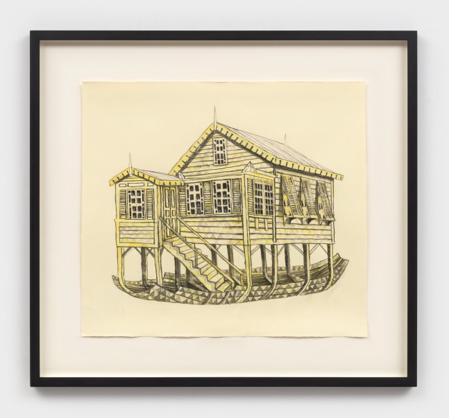 Hew Locke
Guyana House Boat 2, 2018
watercolor on paper
Sheet: 22 5/8 x 25 1/2 ins.
57.5 x 64.8 cm
Framed: 31 5/8 x 34 3/8 ins.
80.3 x 87.3 cm