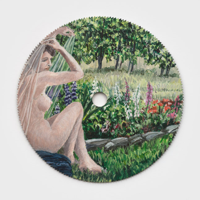 Betty Tompkins
Veiled Illusions, 2000
acrylic on circular saw
8 ins. diameter
20.3 cm