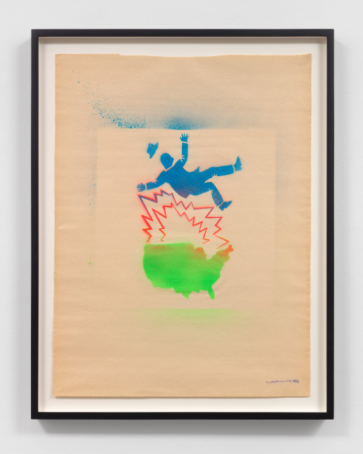 David Wojnarowicz
Untitled (Falling Man and Map of USA), 1982
signed and dated, lower right
stencil on paper
23 7/8 x 17 7/8 ins.
60.6 x 45.4 cm