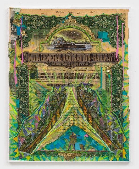 Hew Locke
Raw Materials 3, 2022
acrylic on cotton warp satin, with appliqu&amp;eacute;d fabrics and chord, plastic beads, anodized aluminum, synthetic fabric, brass, and enamel paint
59 1/2 x 47 1/4 ins.
151 x 120 cm