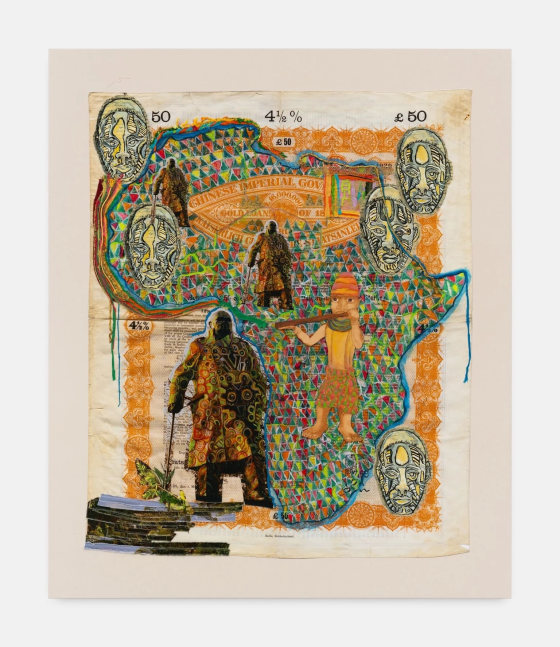 Hew Locke
Raw Materials 17,&amp;nbsp;2023
Custom printed 245gms organic cotton warp satin with appliqued fabrics and cord, PVA-based Fray-stop on raw edges, plastic, metal alloy, lace
165 x 136.5 cm
65 x 53 1/2 in