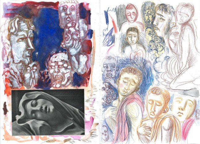 Elijah Burgher
Spread from the artist&amp;#39;s sketchbook (Judgment of Paris study), 2023-24
mixed media on paper
each page: 14 x 10 in.&amp;nbsp;