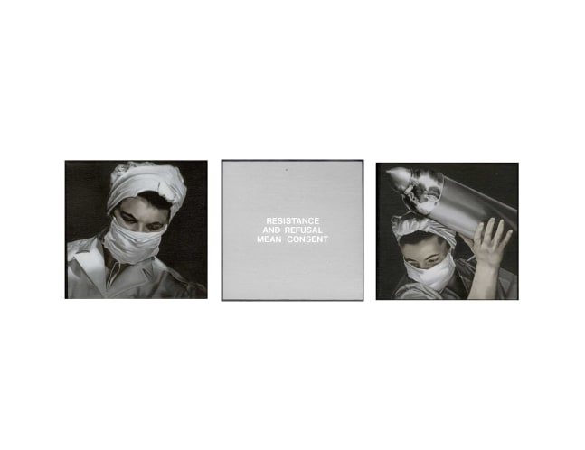 Dotty Attie
Resistance and Refusal Mean Consent/nurses, 2000
oil on linen
3 panels: 6 x 6 ins. (15.2 x 15.2 cm)
overall: 6 x 20 ins. (15.2 x 50.8 cm)