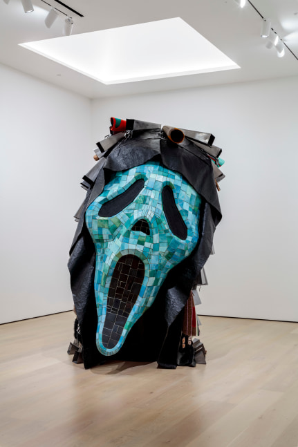 Ishi Glinsky, Inertia&amp;mdash;Warn the Animals, 2023. Canvas, resin, wood, foam, pigment, ink, industrial adhesives, steel, aluminum, fiberglass, goat skin rawhide, deerskin rawhide, bear grass, yucca, wool, shell, cotton, Astro turf, clay, beads, willow, yarn, dentalium, nylon, wire, redwood. 132 x 96 x 96 in. (335.3 x 243.8 x 243.8 cm).&amp;nbsp;