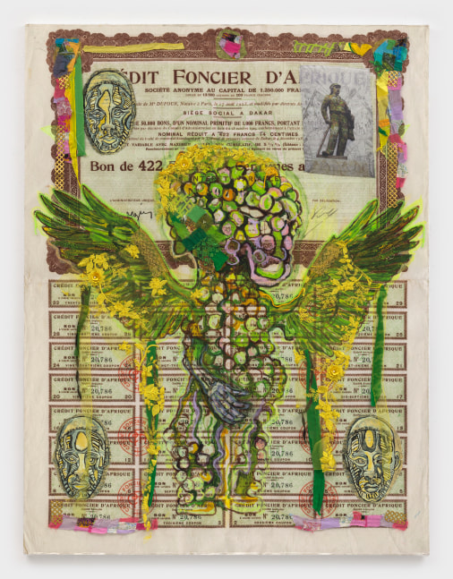 Hew Locke
Raw Materials 1, 2022
acrylic on cotton warp satin, with appliqu&amp;eacute;d fabrics and chord, cotton, and anodized aluminum
76 x 57 7/8 ins.
193 x 147 cm