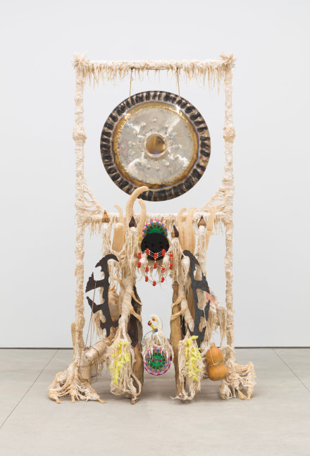 Guadalupe Maravilla
Disease Thrower #10, 2020
gong, steel, wood, cotton, glue mixture, plastic, loofah, and objects collected from a ritual of retracing the artist&amp;#39;s original migration route
96 x 57 x 63 ins.
243.8 x 144.8 x 160 cm